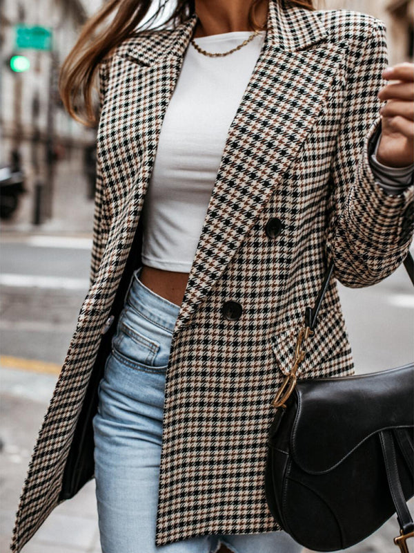New coat button plaid printed small suit mid-length coat