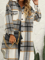 New long plaid lapel buttoned wool casual windbreaker jacket