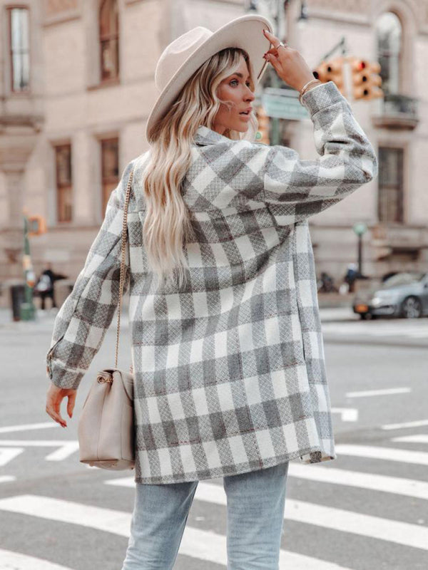 Autumn and Winter New Plaid Printed Long Woolen Jacket