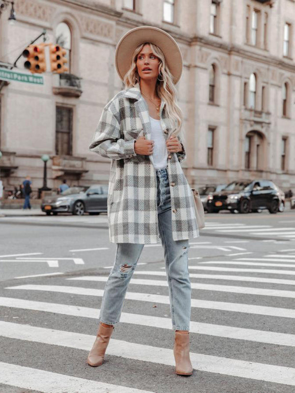 Autumn and Winter New Plaid Printed Long Woolen Jacket