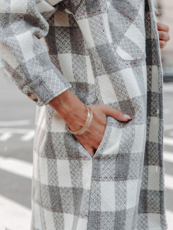 Autumn and Winter New Plaid Printed Long Woolen Jacket