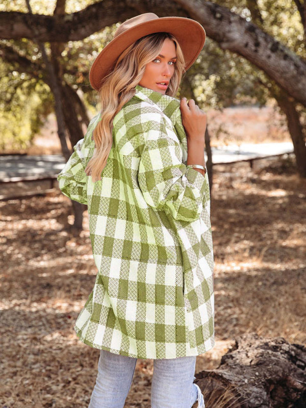 Autumn and Winter New Plaid Printed Long Woolen Jacket