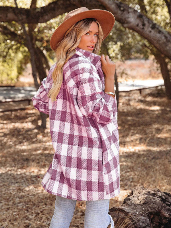 Autumn and Winter New Plaid Printed Long Woolen Jacket