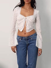 Sexy See-through Hollow Cardigan Top Lace-Up Short Irregular Long Sleeve Crop Top