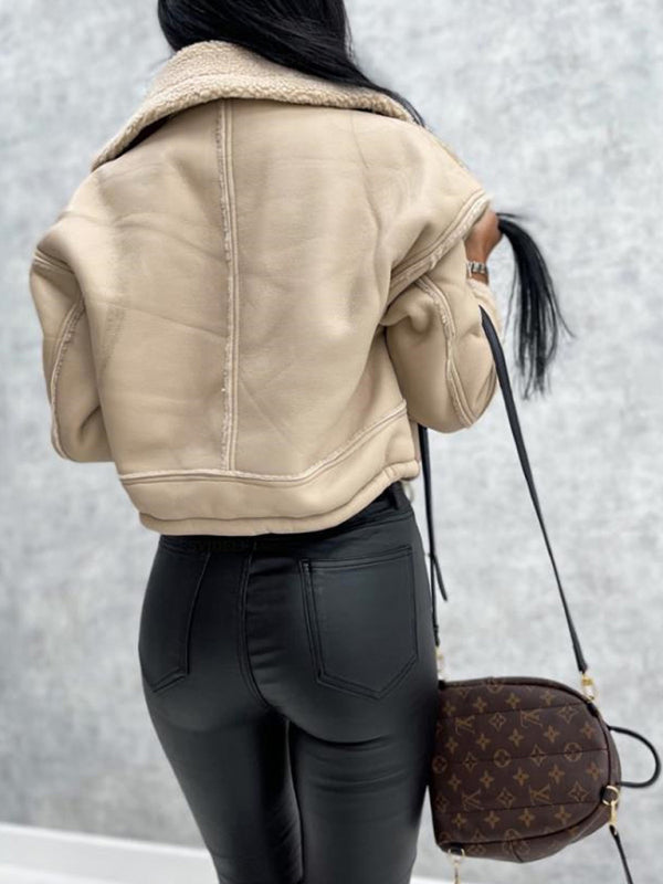new lamb wool short coat zipper motorcycle style PU Leather jacket with pockets Fuzzy Leather Jacket