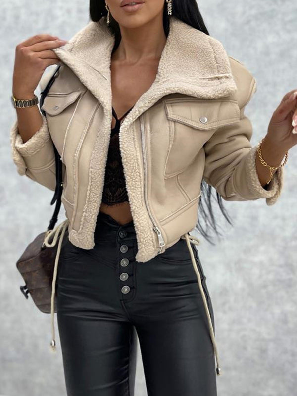 new lamb wool short coat zipper motorcycle style PU Leather jacket with pockets Fuzzy Leather Jacket