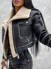 new lamb wool short coat zipper motorcycle style PU Leather jacket with pockets Fuzzy Leather Jacket