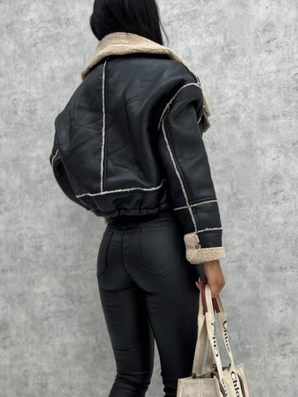 new lamb wool short coat zipper motorcycle style PU Leather jacket with pockets Fuzzy Leather Jacket
