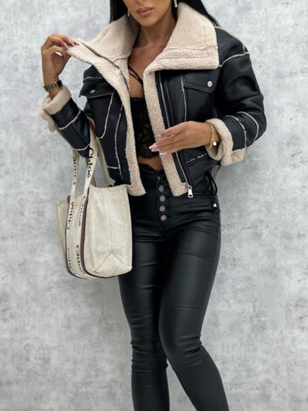 new lamb wool short coat zipper motorcycle style PU Leather jacket with pockets Fuzzy Leather Jacket