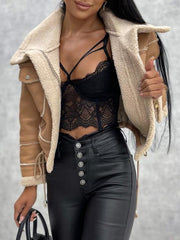 new lamb wool short coat zipper motorcycle style PU Leather jacket with pockets Fuzzy Leather Jacket