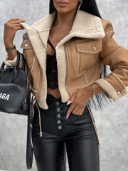 new lamb wool short coat zipper motorcycle style PU Leather jacket with pockets Fuzzy Leather Jacket