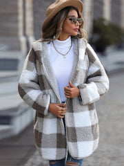 Plush Hooded Plaid Long Sleeve Loose Jacket
