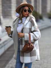 Plush Hooded Plaid Long Sleeve Loose Jacket