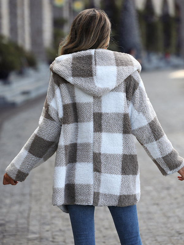 Plush Hooded Plaid Long Sleeve Loose Jacket