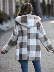 Plush Hooded Plaid Long Sleeve Loose Jacket