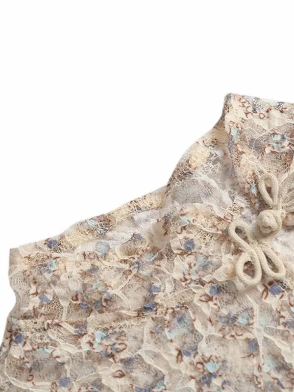 Lace Button Print Sleeveless Vest Cropped Top T-Shirt