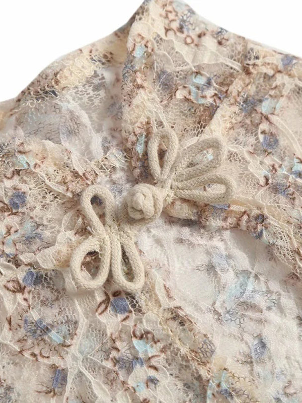 Lace Button Print Sleeveless Vest Cropped Top T-Shirt