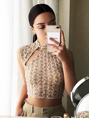 Lace Button Print Sleeveless Vest Cropped Top T-Shirt