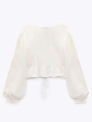 Cotton Shirt new V-neck retro sweet shirt embroidered drape Long Sleeve Crop Top