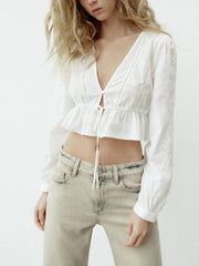 Cotton Shirt new V-neck retro sweet shirt embroidered drape Long Sleeve Crop Top