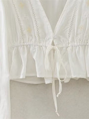 Cotton Shirt new V-neck retro sweet shirt embroidered drape Long Sleeve Crop Top
