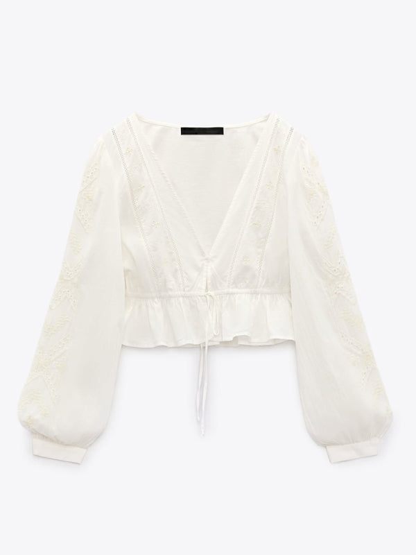 Cotton Shirt new V-neck retro sweet shirt embroidered drape Long Sleeve Crop Top