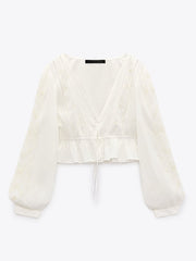 Cotton Shirt new V-neck retro sweet shirt embroidered drape Long Sleeve Crop Top