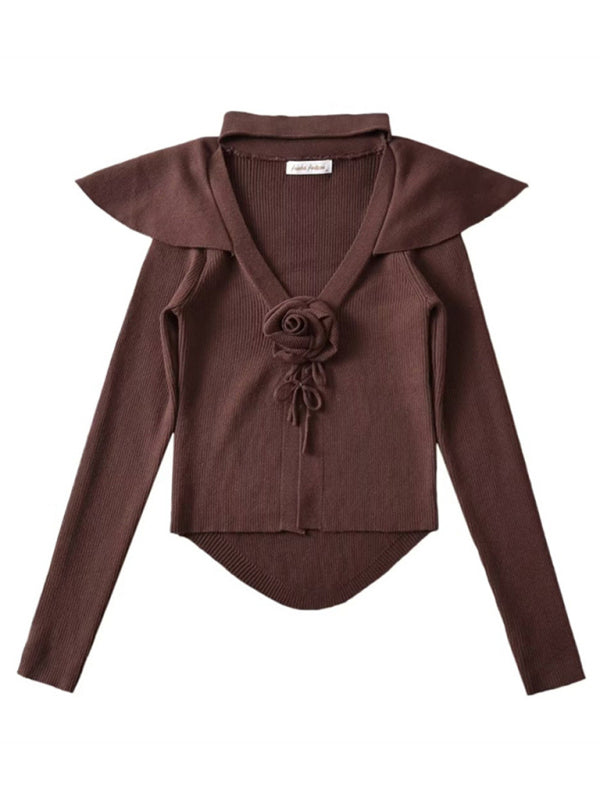 new style French rose large lapel scarf knitted Crop cardigan