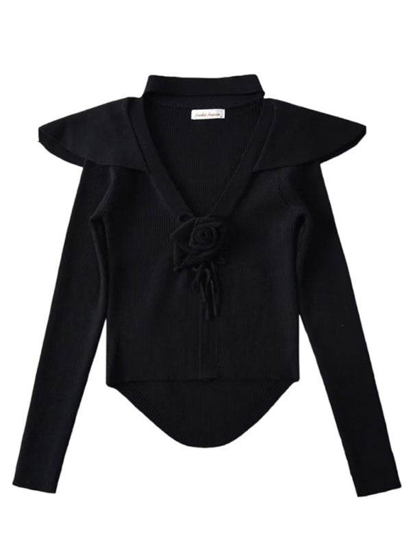 new style French rose large lapel scarf knitted Crop cardigan