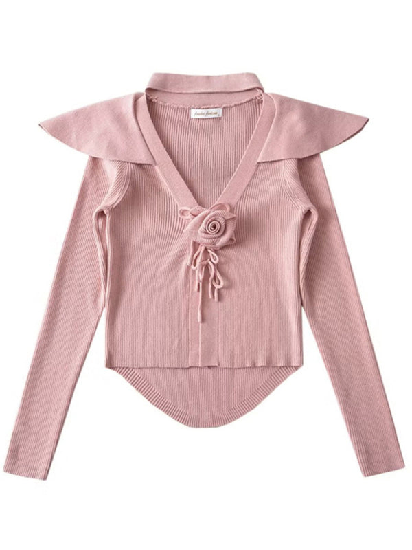 new style French rose large lapel scarf knitted Crop cardigan