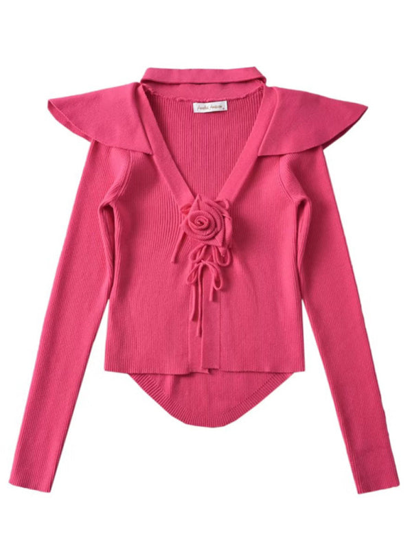 new style French rose large lapel scarf knitted Crop cardigan