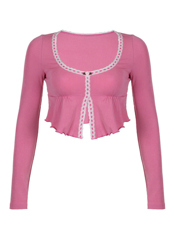 U-shaped collar Y2K irregular ruffled slim long-sleeved crop top