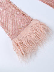 Sexy See-through Hollow Furry Splicing Long Sleeve Round Neck Fine Glitter Mesh Dress Furry Long Sleeve