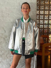 Coat Jacket New futuristic reflective baseball uniform silver fashionable long-sleeved jacket