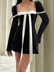 New style French square neck bow tie temperament striped long-sleeved Sexy Mini dress
