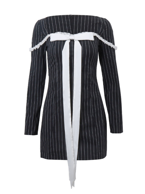 New style French square neck bow tie temperament striped long-sleeved Sexy Mini dress