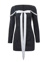 New style French square neck bow tie temperament striped long-sleeved Sexy Mini dress
