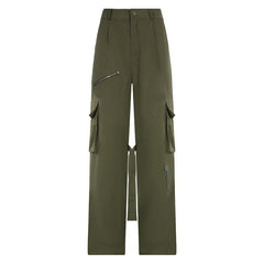 Self tie zip-up high rise solid cargo pocket baggy straight leg pant