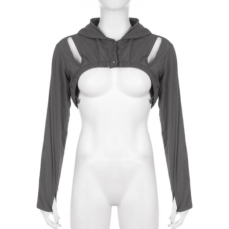 Hollow out button hoodie long sleeve cargo solid shrug crop top - Final Sale
