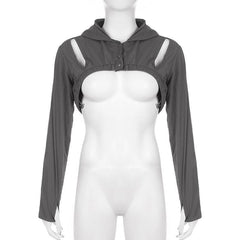 Hollow out button hoodie long sleeve cargo solid shrug crop top - Final Sale