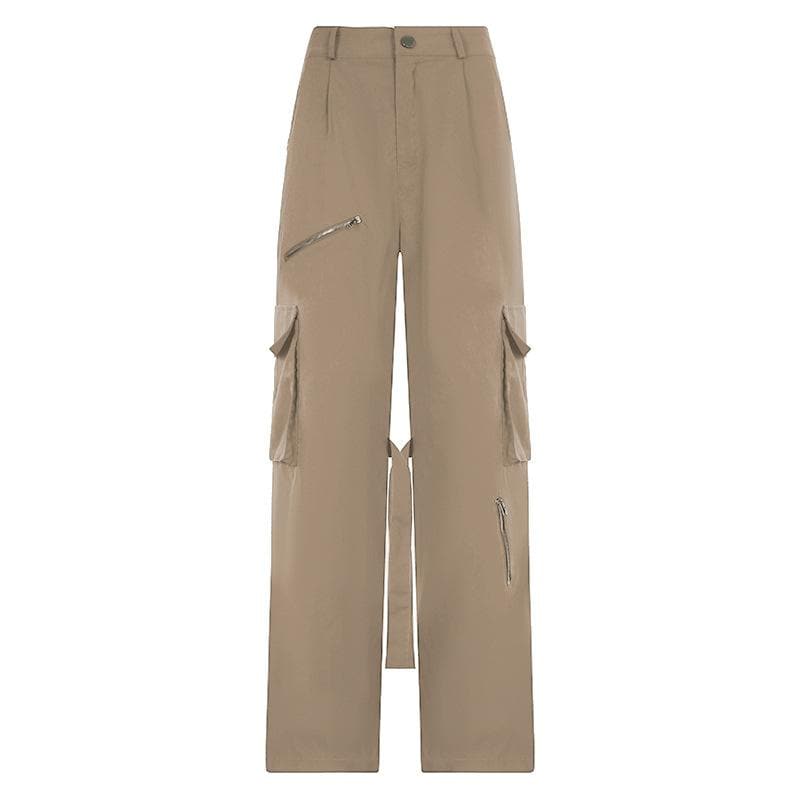 Self tie zip-up high rise solid cargo pocket baggy straight leg pant