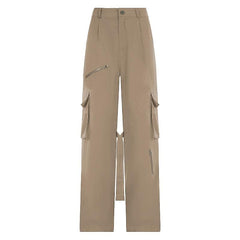 Self tie zip-up high rise solid cargo pocket baggy straight leg pant