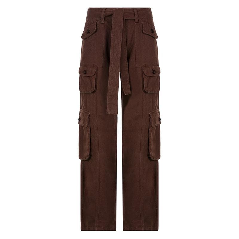 Tie waist pocket button solid straight leg cargo jeans