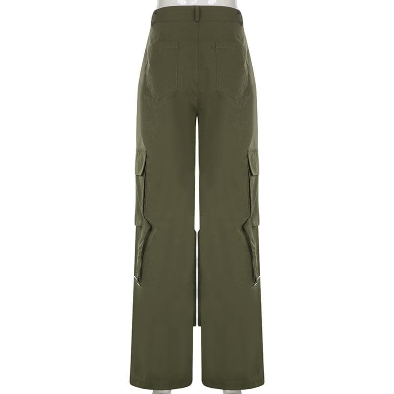 Self tie zip-up high rise solid cargo pocket baggy straight leg pant