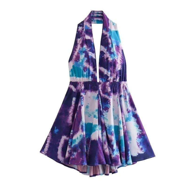 New fashionable V-neck suspender sexy printed halter neck short dress