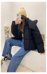short loose warm hooded down puffy winter coat jacket