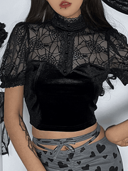 Lace See Through Spider Web Short Sleeve Tee