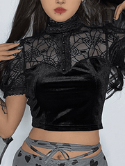 Lace See Through Spider Web Short Sleeve Tee