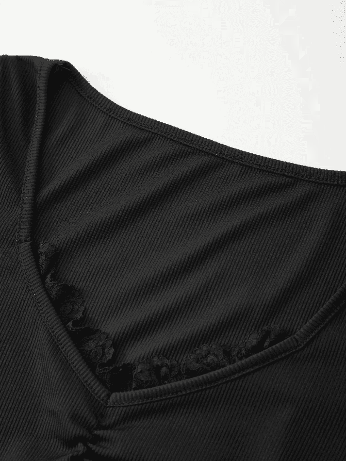 Lace Trim Black Long Sleeve Knit Top