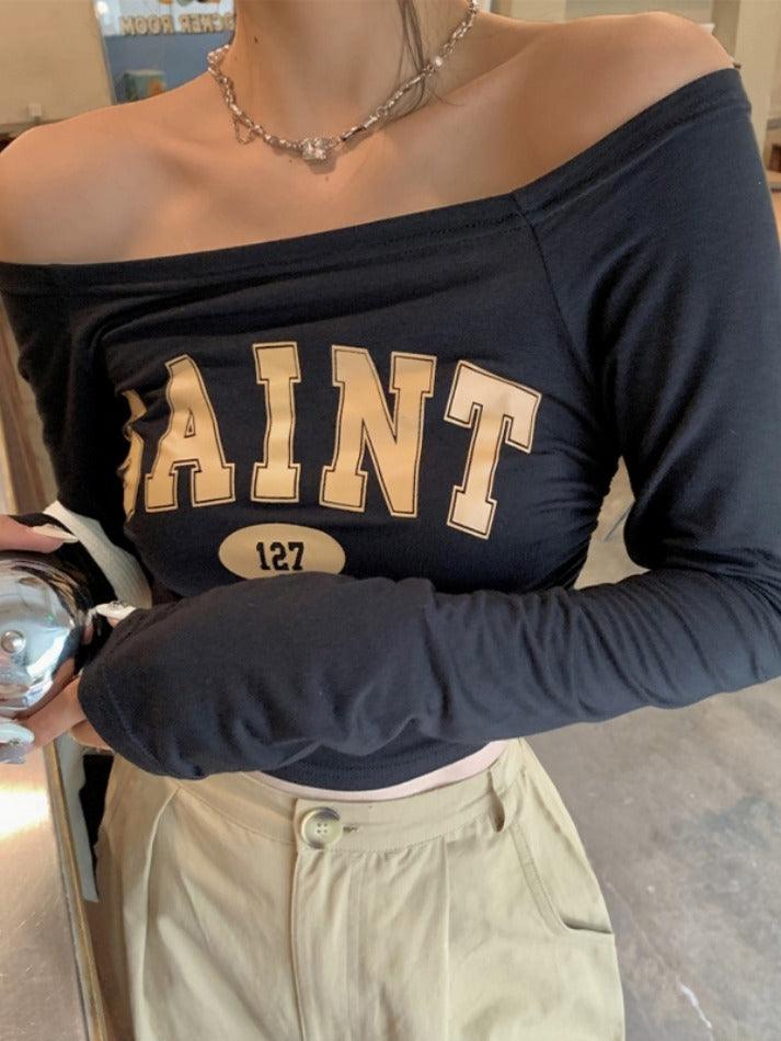 Letter Print Off Shoulder Long Sleeve Tee
